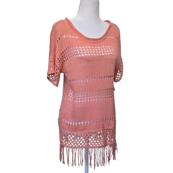 Fever Terracotta Shell Open Knit Crochet Top Small Boho Fringe Hem NWT - Picture 2 of 12